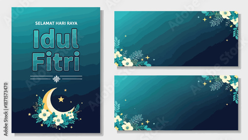 Idul Fitri Greeting Cards with Floral Moon and Star Design
