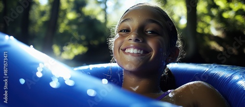 A radiant young girl with a dazzling smile enjoys a refreshing summer day on a blue inflatable float, surrounded by the tranquil beauty of nature and sun-dappled water