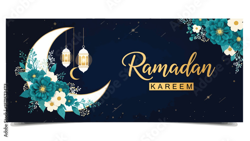 Ramadan Kareem Banner with Crescent Moon Lanterns and Flowers