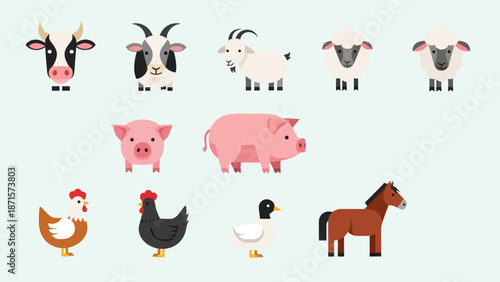 Farm Animals Collection Cartoon Style.