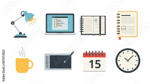 Office Supplies and Time Management Icons.