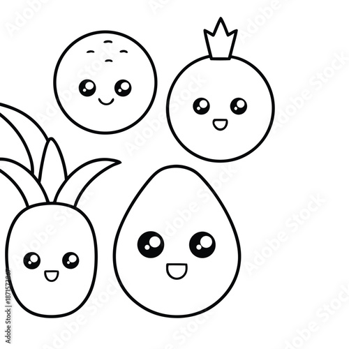 Cute cartoon fruits with happy faces are smiling and ready to be colored in.