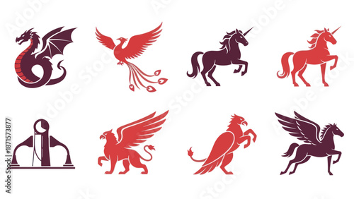 Mythical Creatures Dragon Phoenix Horse Pegasus Illustrations.
