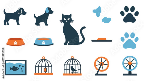 Pet Accessories and Animals Icons Set.