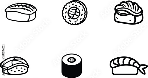 Sushi rolls and nigiri pieces illustrations