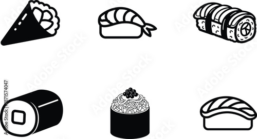 sushi rolls and pieces of sushi on white background