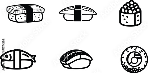 Various sushi and maki rolls on white background