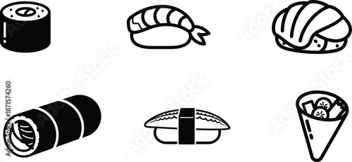 Various sushi and maki rolls on white background