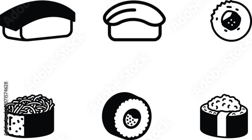 Various types of sushi rolls and nigiri isolated on white background