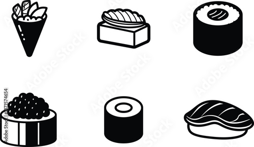 Various types of sushi rolls and nigiri on white background