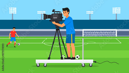 Cameraman filming soccer match on a green football field.