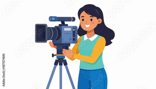 Young female videographer operating a professional camera on a tripod.