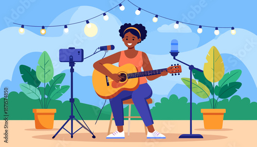 Young woman playing guitar and singing outdoors with string lights.