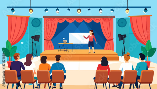 Woman presenting to audience in a theater with stage and curtains.