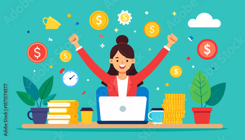 Woman celebrating success with laptop surrounded by money icons.