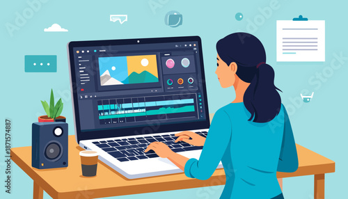 Woman working on laptop with graphic design software.