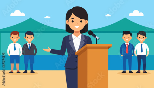 Woman in business attire giving a speech at a podium with three men standing behind her.