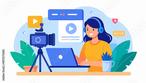 Woman creating online video content with camera and laptop.