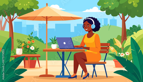 Woman working on laptop outdoors in a serene garden setting.