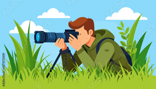 Cartoon photographer taking picture in the grass.