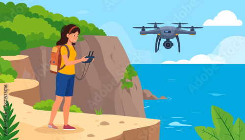 Man controlling drone on cliffside overlooking ocean.