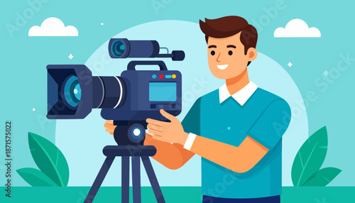 Cartoon cameraman filming with professional camera outdoors.