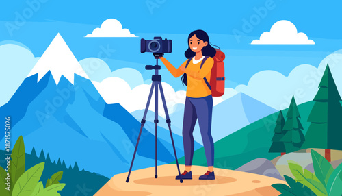 Female photographer capturing scenic mountain landscape on camera tripod.