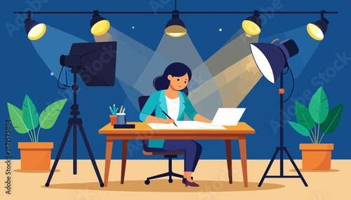 Woman working at a desk under studio lighting with plants around.