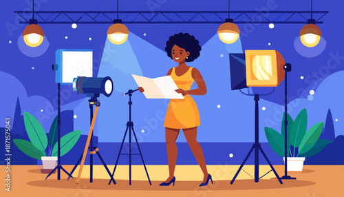 Woman reading script on stage with professional lighting equipment.