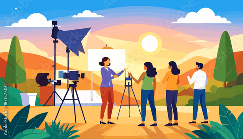 Creative professionals collaborating on a film or photography project outdoors at sunset.