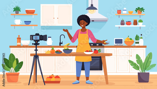 Woman cooking in a modern kitchen with camera equipment for food blogging.