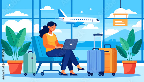 Woman working on laptop at airport waiting area with luggage.