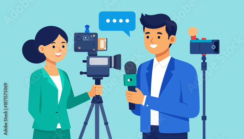 Cartoon journalists recording news broadcast with professional equipment.