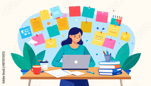 Woman working on laptop surrounded by office supplies and documents.