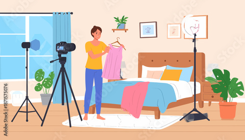 Woman creating content in a cozy bedroom with camera equipment and clothing.