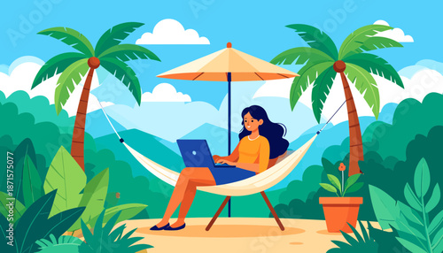 Woman Relaxing in Hammock with Laptop in Tropical Paradise.