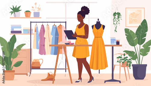 Young woman working on laptop in a modern clothing boutique with plants.