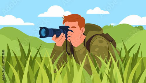 Man observing nature through binoculars in a green landscape.