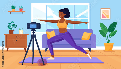 Woman practicing yoga at home with a camera recording her session.