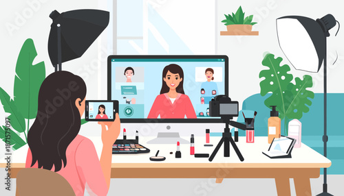 Woman recording video tutorial with professional equipment and digital screen display.