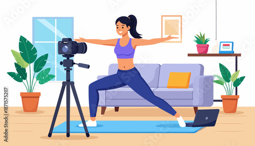 Woman practicing yoga at home with camera recording session.