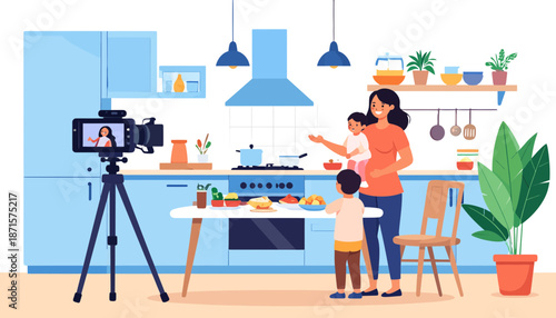 Mother and child in a modern kitchen.