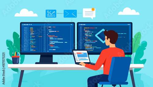 Software developer working on coding project on dual monitors.
