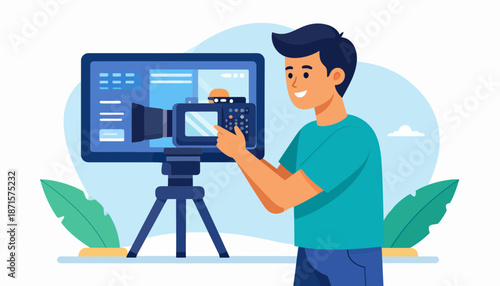 Man editing video on computer with graphics tablet.