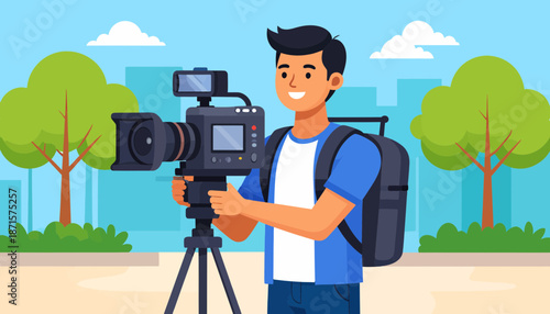 Young male videographer filming outdoors with professional camera equipment.