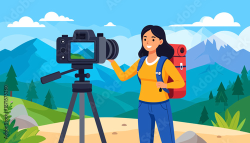 Woman Travel Vlogger Recording Video on Mountain Landscape.