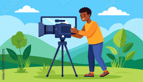 Man operating a professional camera on a tripod in a natural landscape.