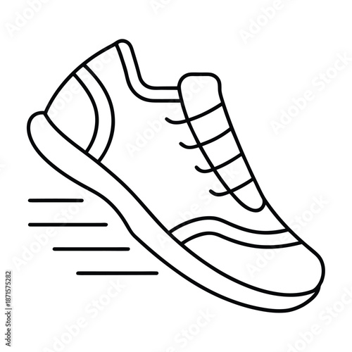 A simple black and white line drawing of a running shoe with motion lines.