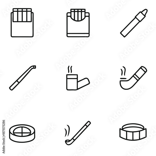 A collection of simple line art icons representing smoking paraphernalia, including cigarette packs and pipes.