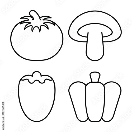 A simple line drawing of a tomato, mushroom, bell pepper, and bell pepper.